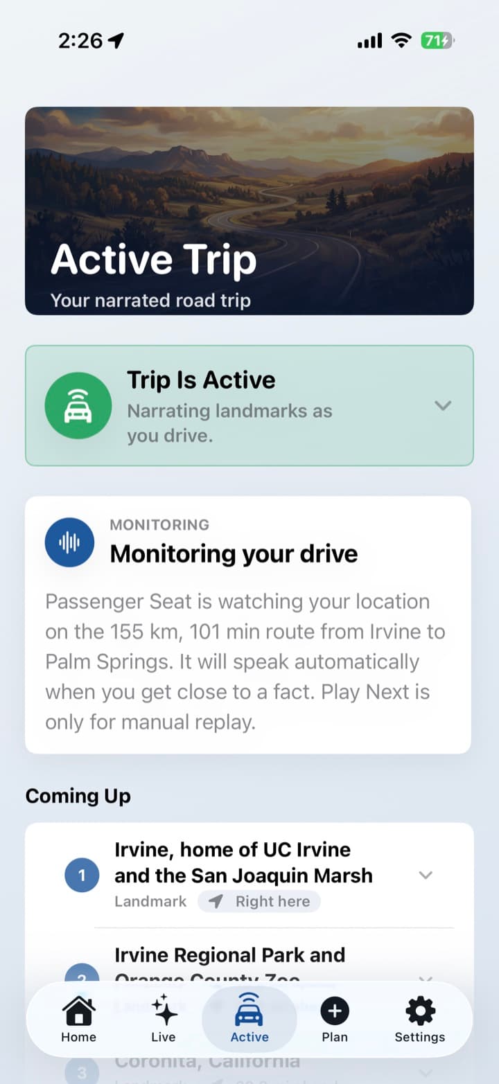 Active Trip screen monitoring the drive hands free