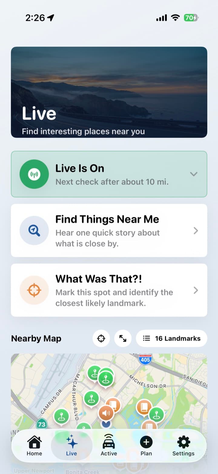 Live screen with Live Is On and nearby landmarks on a map