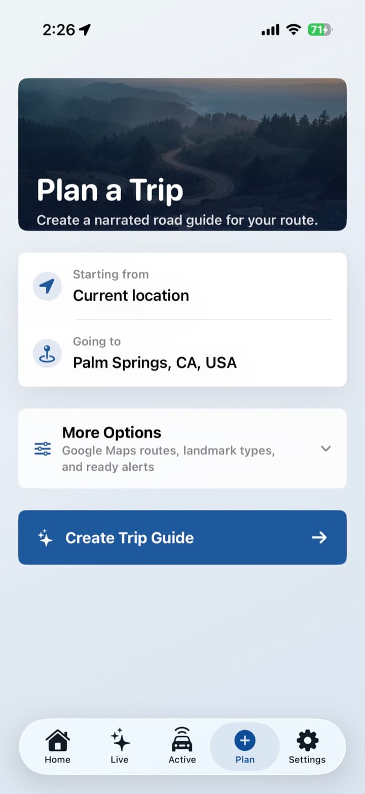 Plan a Trip screen with a route from the current location