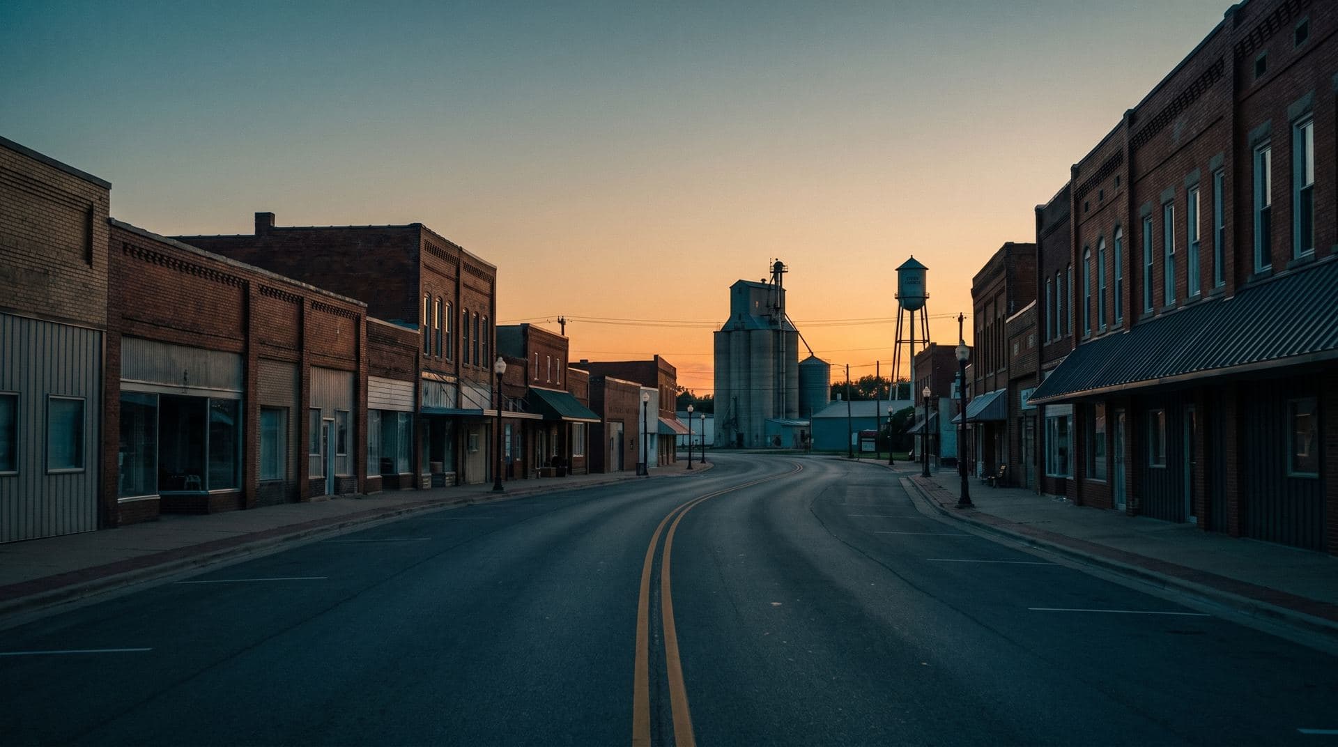 An ordinary small-town main street at dusk
