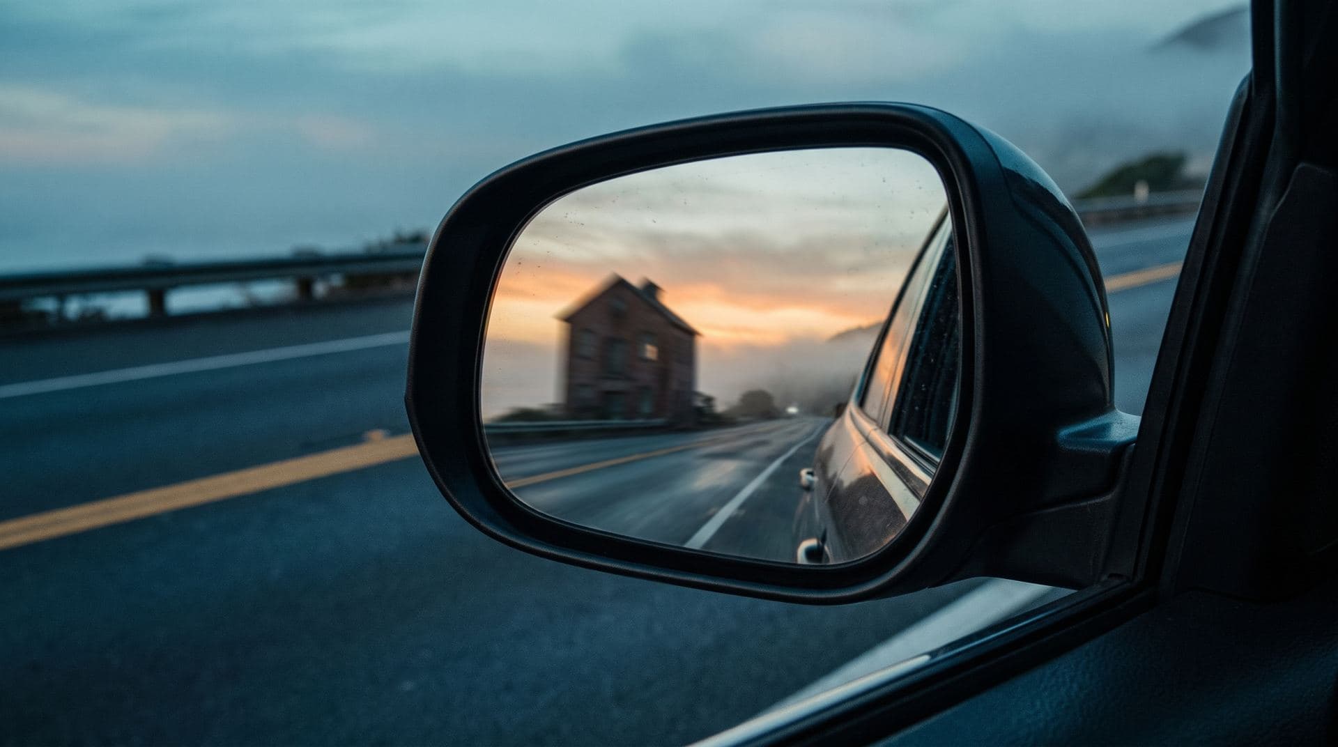 A roadside building receding in a car side mirror